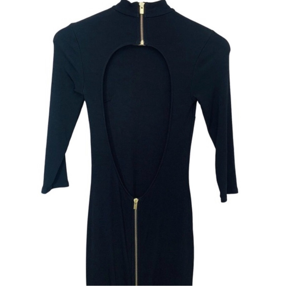 Express Black Rib Knit Dress S Bodycon Cut Out Exposed Zipper Mock Neck Stretch